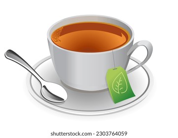 light gray cup with tea and a spoon on a saucer on a white background