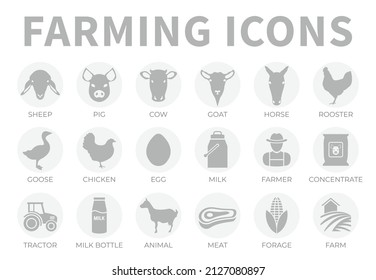 Light Gray Farming Or Farm Icon Set Of Sheep, Pig, Cow, Goat, Horse, Rooster, Goose, Chicken, Egg, Milk, Farmer, Concentrate, Tractor, Bottle, Animal, Meat, Forage And Farm Icons.