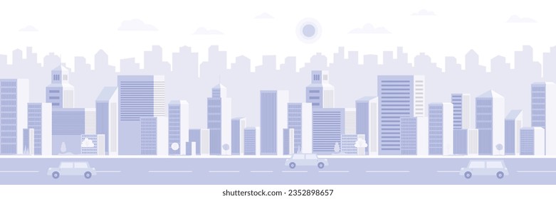 Light gray flat city panorama. Illustration of the urban landscape with cars and office buildings on a light background.  Wide horizontal panorama. Vector illustration