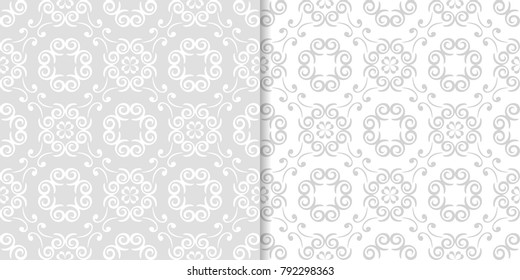Light gray floral backgrounds. Set of seamless patterns