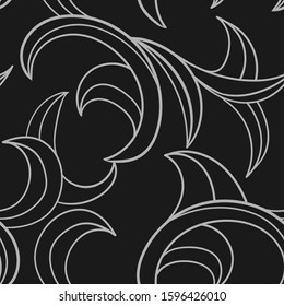 Light gray floral decor on black background. Seamless fashion pattern. Suitable for textile, packaging, wallpaper.