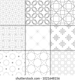 Light gray geometric ornaments. Collection of neutral seamless patterns for web, textile and wallpapers