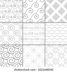 Light gray geometric ornaments. Collection of neutral seamless patterns for web, textile and wallpapers