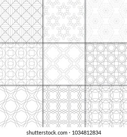 Light gray geometric ornaments. Collection of neutral seamless patterns for web, textile and wallpapers
