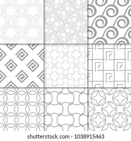 Light gray geometric ornaments. Collection of neutral seamless patterns for web, textile and wallpapers