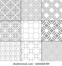 Light gray geometric ornaments. Collection of neutral seamless patterns for web, textile and wallpapers