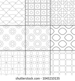 Light gray geometric ornaments. Collection of neutral seamless patterns for web, textile and wallpapers