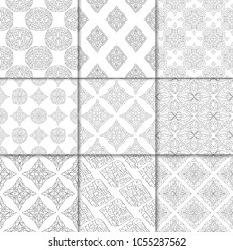 Light gray geometric ornaments. Collection of neutral seamless patterns for web, textile and wallpapers