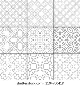 Light gray geometric ornaments. Collection of neutral seamless patterns for web, textile and wallpapers