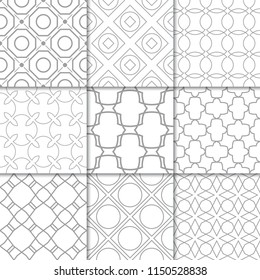 Light gray geometric ornaments. Collection of neutral seamless patterns for web, textile and wallpapers