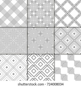 Light gray geometric ornaments. Collection of neutral seamless patterns for web, textile and wallpapers