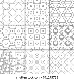 Light gray geometric ornaments. Collection of neutral seamless patterns for web, textile and wallpapers