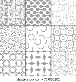 Light gray geometric ornaments. Collection of neutral seamless patterns for web, textile and wallpapers