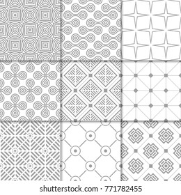 Light gray geometric ornaments. Collection of neutral seamless patterns for web, textile and wallpapers