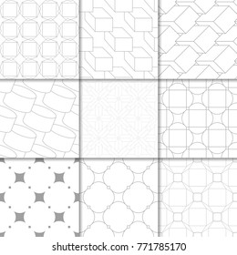 Light gray geometric ornaments. Collection of neutral seamless patterns for web, textile and wallpapers