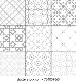 Light gray geometric ornaments. Collection of neutral seamless patterns for web, textile and wallpapers