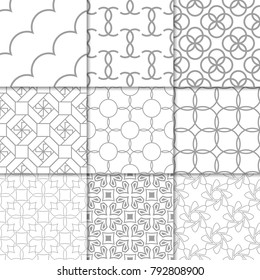 Light gray geometric ornaments. Collection of neutral seamless patterns for web, textile and wallpapers