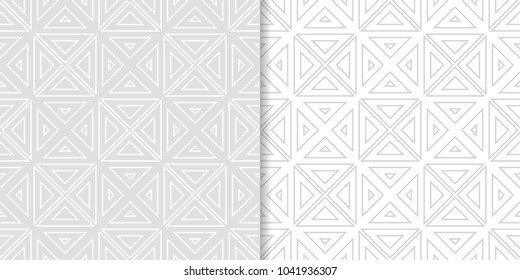 Light gray geometric ornaments. Set of seamless patterns for web, textile and wallpapers