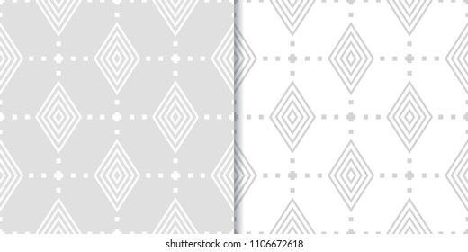 Light gray geometric ornaments. Set of seamless patterns for web, textile and wallpapers