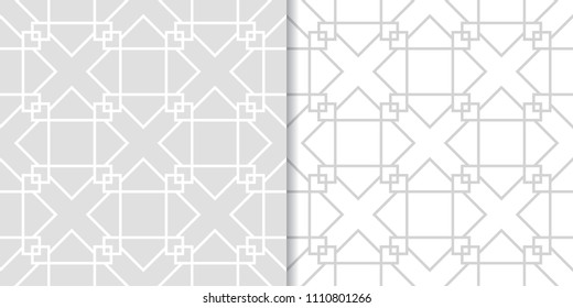 Light gray geometric ornaments. Set of seamless patterns for web, textile and wallpapers