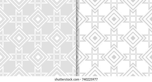 Light gray geometric ornaments. Set of seamless patterns for web, textile and wallpapers