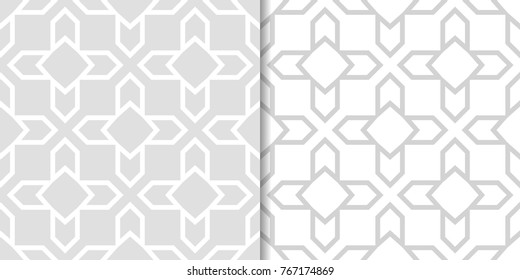 Light gray geometric ornaments. Set of seamless patterns for web, textile and wallpapers