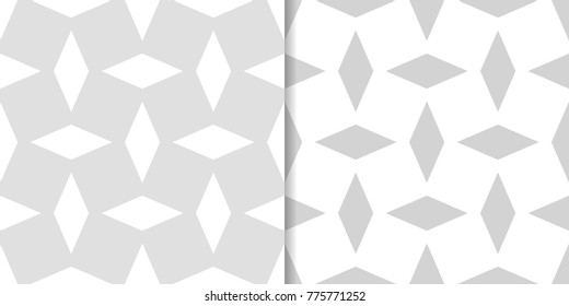 Light gray geometric ornaments. Set of seamless patterns for web, textile and wallpapers