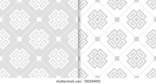 Light gray geometric ornaments. Set of seamless patterns for web, textile and wallpapers