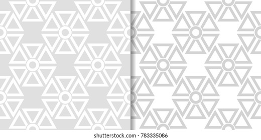 Light gray geometric ornaments. Set of seamless patterns for web, textile and wallpapers