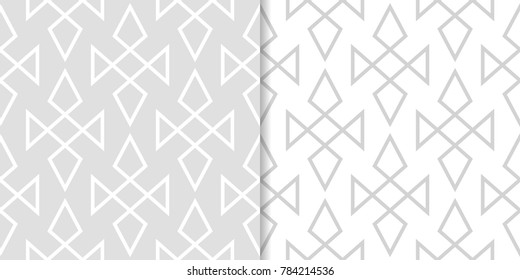 Light gray geometric ornaments. Set of seamless patterns for web, textile and wallpapers