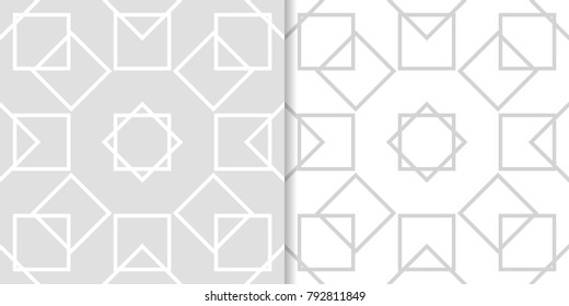 Light gray geometric ornaments. Set of seamless patterns for web, textile and wallpapers