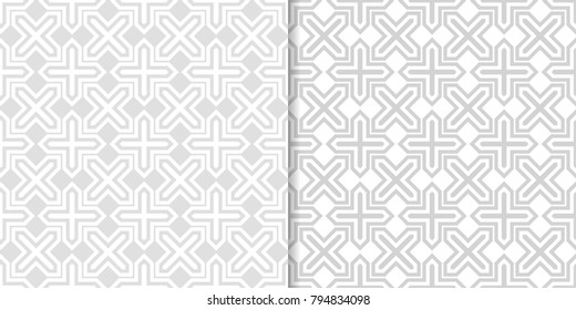 Light gray geometric ornaments. Set of seamless patterns for web, textile and wallpapers