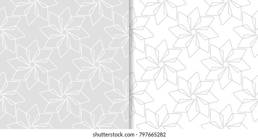 Light gray geometric ornaments. Set of seamless patterns for web, textile and wallpapers