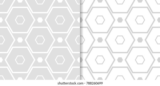 Light gray geometric prints. Set of seamless patterns