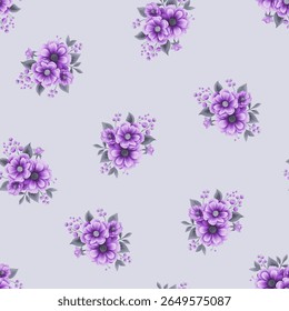 A light gray lavender background features a repeating pattern of bouquets of purple flowers. Each bouquet is composed of multiple blossoms, varying slightly in shade of purple, with a darker.