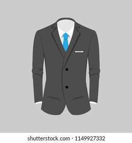 Light gray man suit with blue tie and white shirt on grey background. Business suit