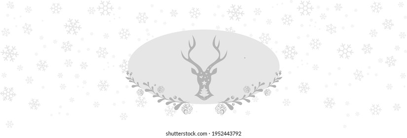 Light gray Merry Christmas design, Deer silhouette, Christmas Tree and Stars on snowflakes  background