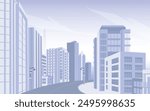 Light gray monotone cityscape background. City buildings with road and lamp pole. Monochrome urban landscape with clouds in the sky. Modern architectural 3D style vector illustration.