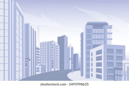 Light gray monotone cityscape background. City buildings with road and lamp pole. Monochrome urban landscape with clouds in the sky. Modern architectural 3D style vector illustration.