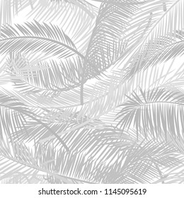 Light gray palm leaves silhouette on the white background. Vector seamless pattern with tropical plants. Vector pattern for print design, wallpaper, site backgrounds, postcard, textile, fabric. EPS10