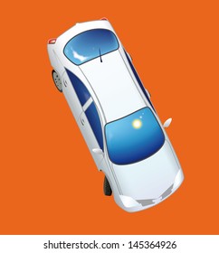 Light gray passenger car, veering to right, on orange background. Reflection sky, sun, clouds in glasses. Vector view from above