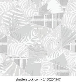 light gray patchwork style palm leaves and floral seamless pattern design 