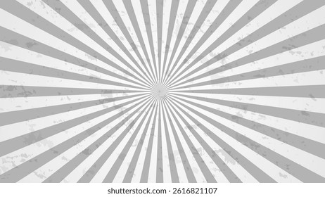 Light gray rays background, flat design, vector illustration, minimalistic, monochrome, simple, sunburst, grunge texture, vintage style, wide banner, poster template, presentation background.