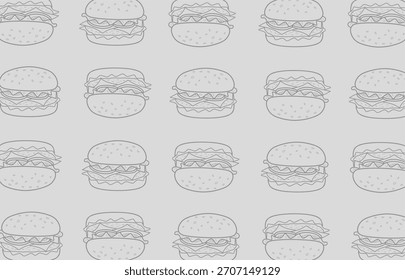 Patrón de contorno de hamburguesa transparente gris claro adecuado para el embalaje, la marca, los textiles y las superficies decorativas relacionadas con los alimentos.