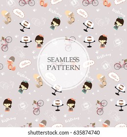 Light gray seamless pattern with girl,fox,bicycle,cheesecake and star