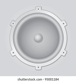 A light gray, silver loudspeaker closeup
