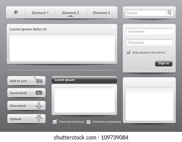 Light gray skin web design elements and modules on dark background. Vector Illustration