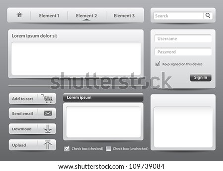 Light gray skin web design elements and modules on dark background. Vector Illustration