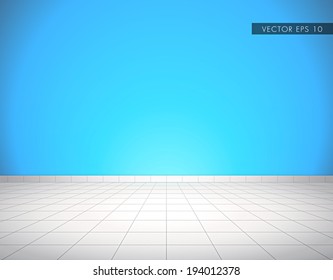 Light gray tiled glossy floor with blue wall - beautiful vector background