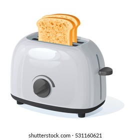 Light gray toaster with two fried pieces of white loaf prepared for a breakfast. An illustration on a white background.
